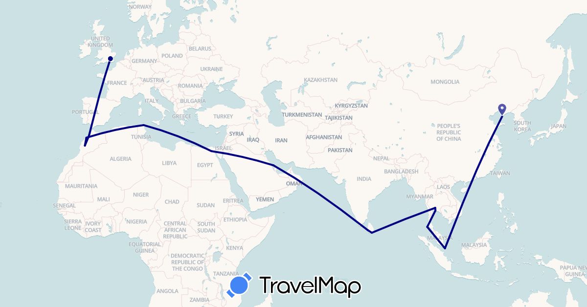 TravelMap itinerary: driving in Bahrain, China, Egypt, United Kingdom, Sri Lanka, Morocco, Singapore, Thailand, Tunisia (Africa, Asia, Europe)